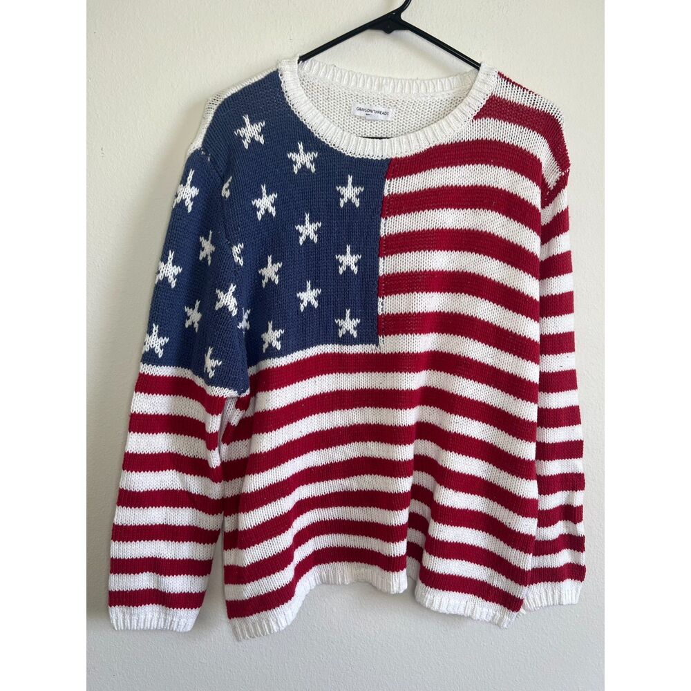 Grayson Threads Womens XL American Flag Sweater USA Patriotic Oversized Knit